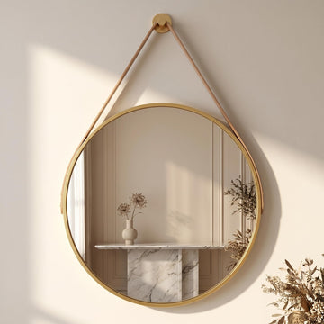 20" Gold Round Mirror, Circle Wall Mirror with Leather Strap