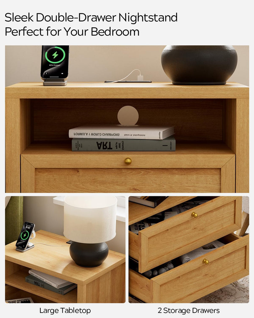 Modern Nightstand with 2 Drawers Wooden End Table with Charging Station Farmhouse Night Stand Bedside Side Table with