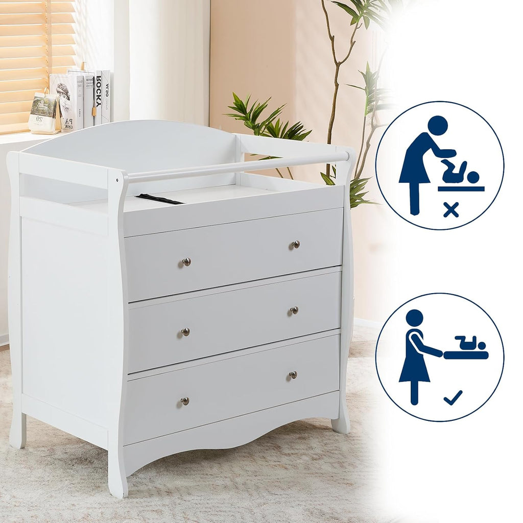 Changing Table Dresser Baby Diaper Changing Station, White | Infant Nursing Table with 3 Drawers, Safety Rail & Strap
