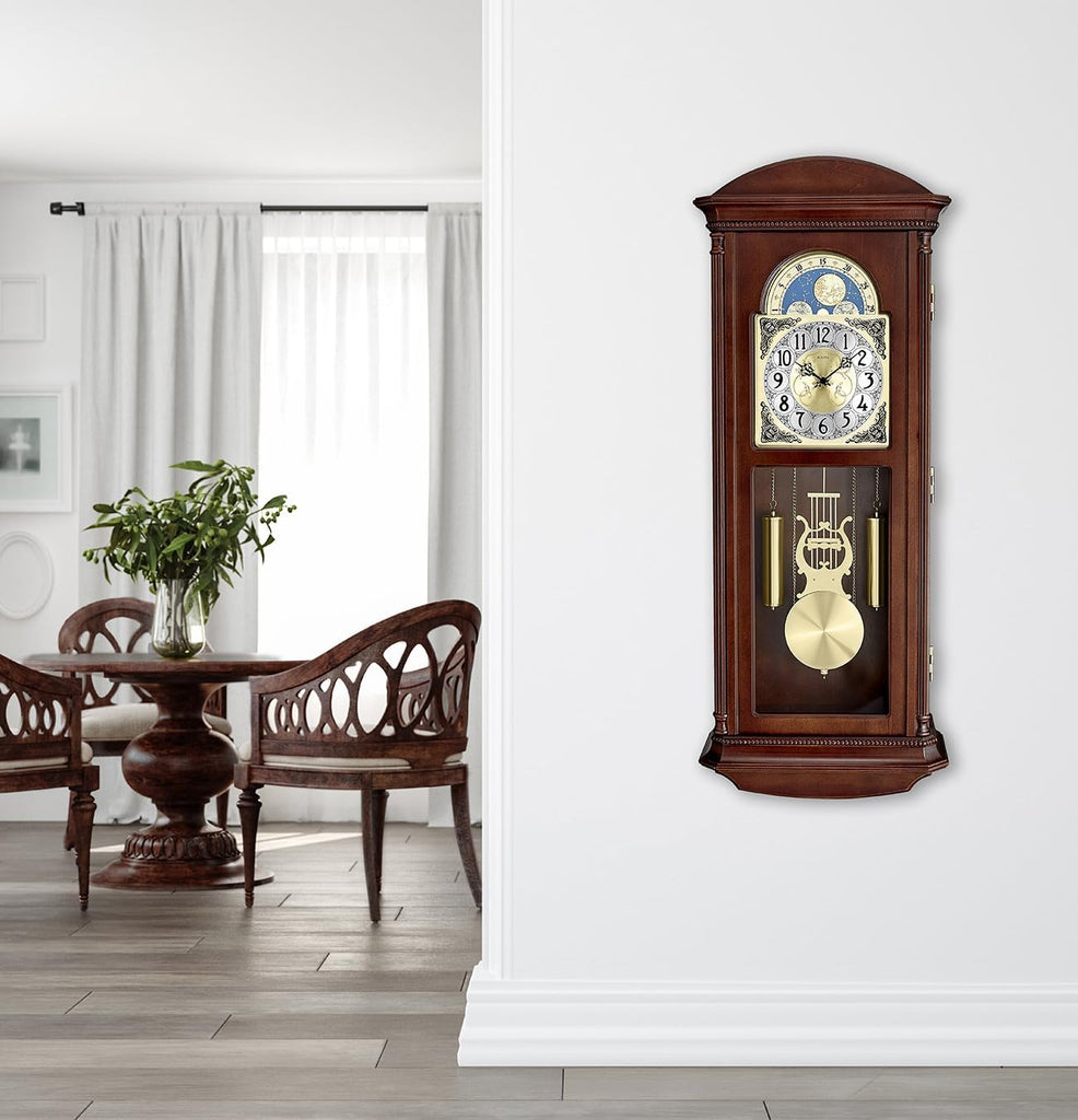 Bulova Litchfield Large Regulator Wall Clock, Model C4332 - Classic Pendulum Design - Harmonic Hourly Chime - Brown Cherry Finish