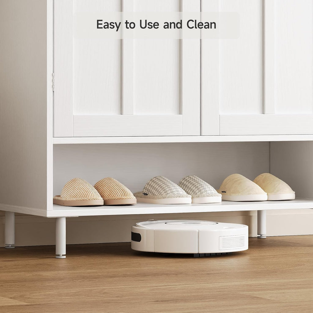 White 7+1 Tier Farmhouse Shoe Storage Cabinet - 45" Tall Entryway Organizer with Cross Molding Doors, 3 Adjustable