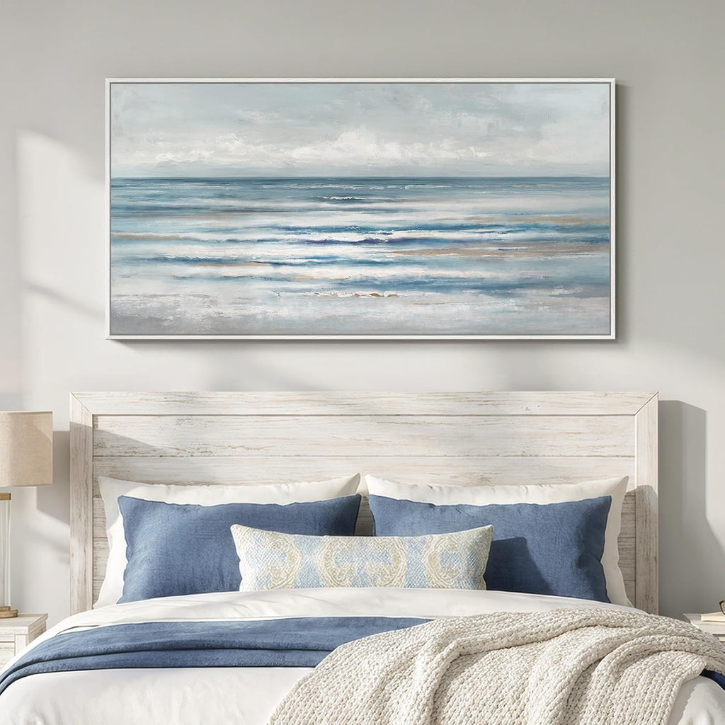 Large Framed Coastal Abstract Landscape Wall Art , Horizontal Beach Wave Scenic Canvas Artwork for Walls, Ocean
