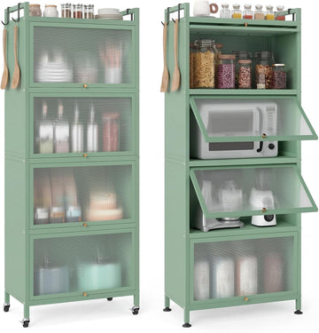 5-Tier Kitchen Storage Cabinet, 4 PC Doors, Rolling Wheels, Green | Mobile Metal Pantry Cabinet with 4 Hooks &