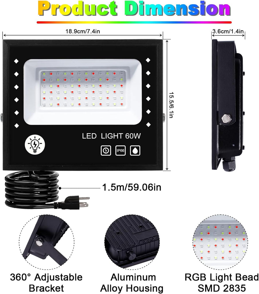 RGB Flood Light 600W Equivalent 6000LM, Colored Flood Lights with APP Control, Smart RGB Lights Colored 16 Million