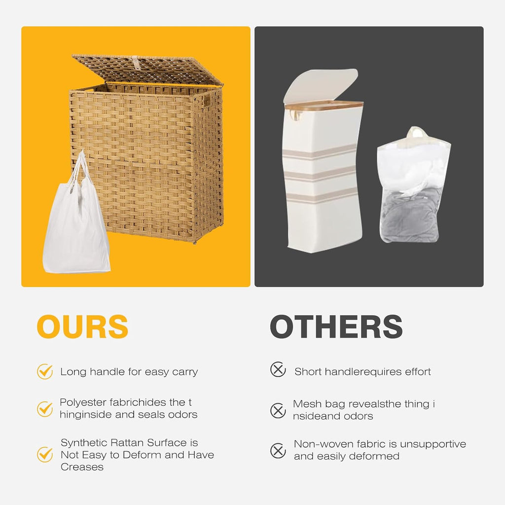 110L Extra Large Divided Laundry Hamper with Lid, 2 Section Collapsible Dirty Clothes Basket, Dual Removable Liner
