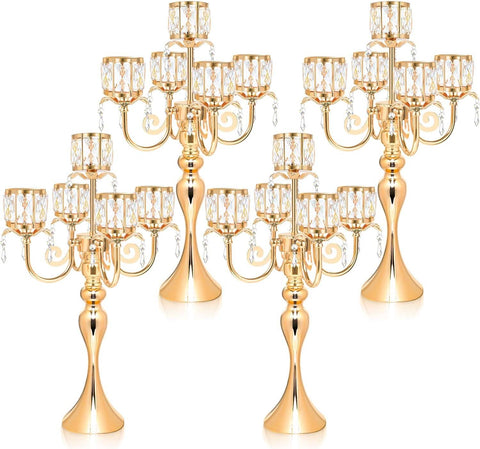 Gold Candelabra Candle Holders, Elegant Bling Centerpiece with Pendant Crystal Table Decorations 5 Arms Candlesticks