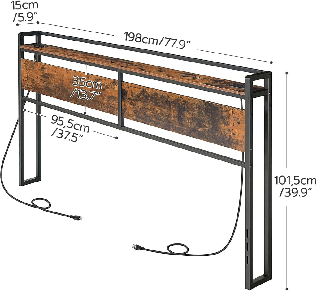King Headboard, Headboard with 2 Outlets and 4 USB Ports, Adjustable Height, Storage Rack, Sturdy and Stable