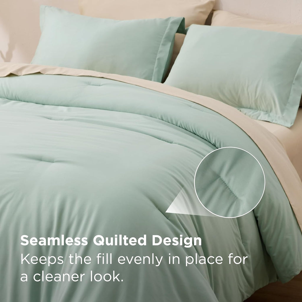 Comforter Set - 7 Pieces Sage Green Bedding Set for All Seasons