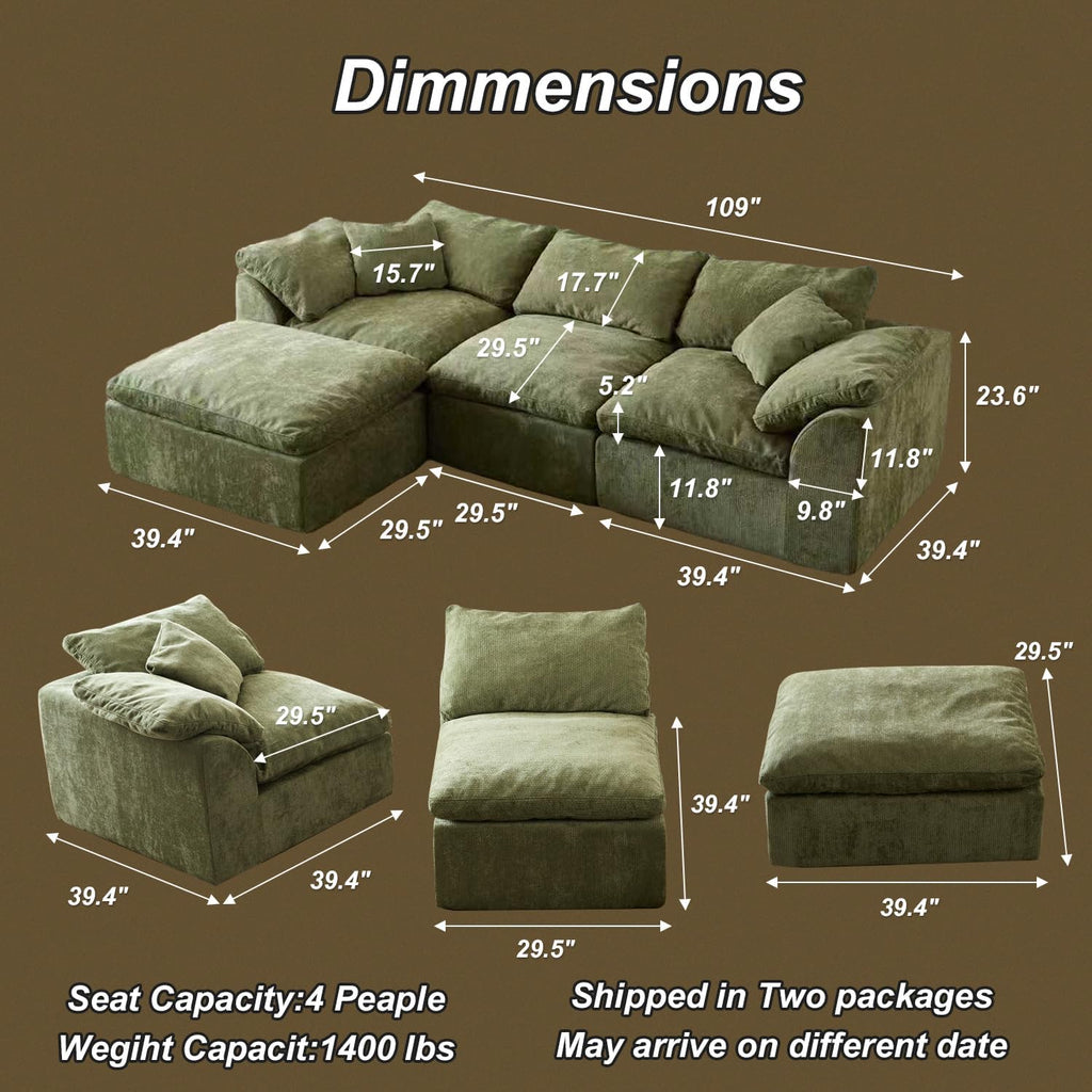 Oversized Cloud Couch Sectional Sofa , Modular L Shaped Boneless Chenille Sofa with Chaise Lounge, Deep Seat