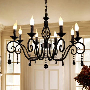 Chandeliers,8-Light French Country Crystal Candle Chandelier,Industrial Black Vintage Pendant Light Fixture Hanging Lights for Living Room Kitchen Dinner Room Island Kitchen