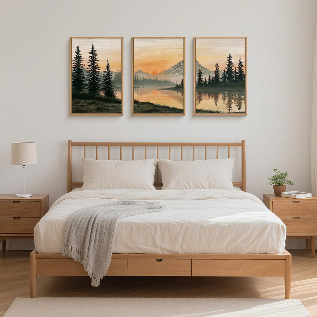 Nature Mountain Sunset Framed Canvas Wall Art, Boho Pine Trees Wall Decor, Sunset Forest Lake Painting, Modern Landscape