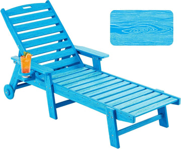 Patio Chaise Lounge Chair Outdoor with Wheels, Oversize Patio Lounge Chairs with Wood Texture, HDPE 6-Position