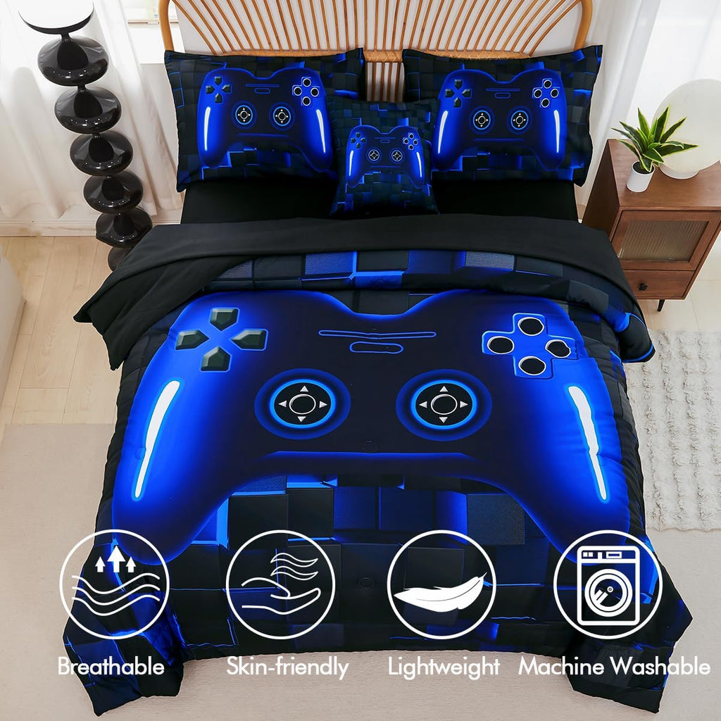 Bed in A Bag 6 Pieces Gaming Bedding Set for Boys Blue Gamer Comforter with Sheet Set for Kids Teen Cool Video