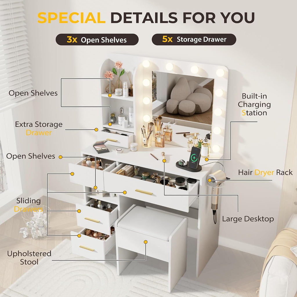 Vanity Desk with LED Lighted Mirror&Power Outlet, 3 Lighting Colors Makeup Vanity Desk with 5 Large Drawers and 3