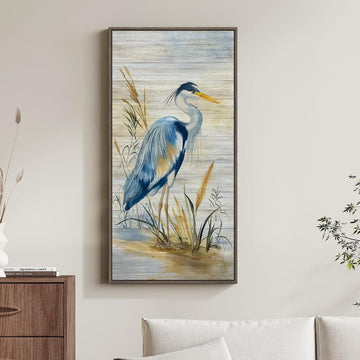Framed Vertical Blue Heron Living Room Wall Art, Large Vintage Bird Picture Artwork for Walls, Coastal Heron