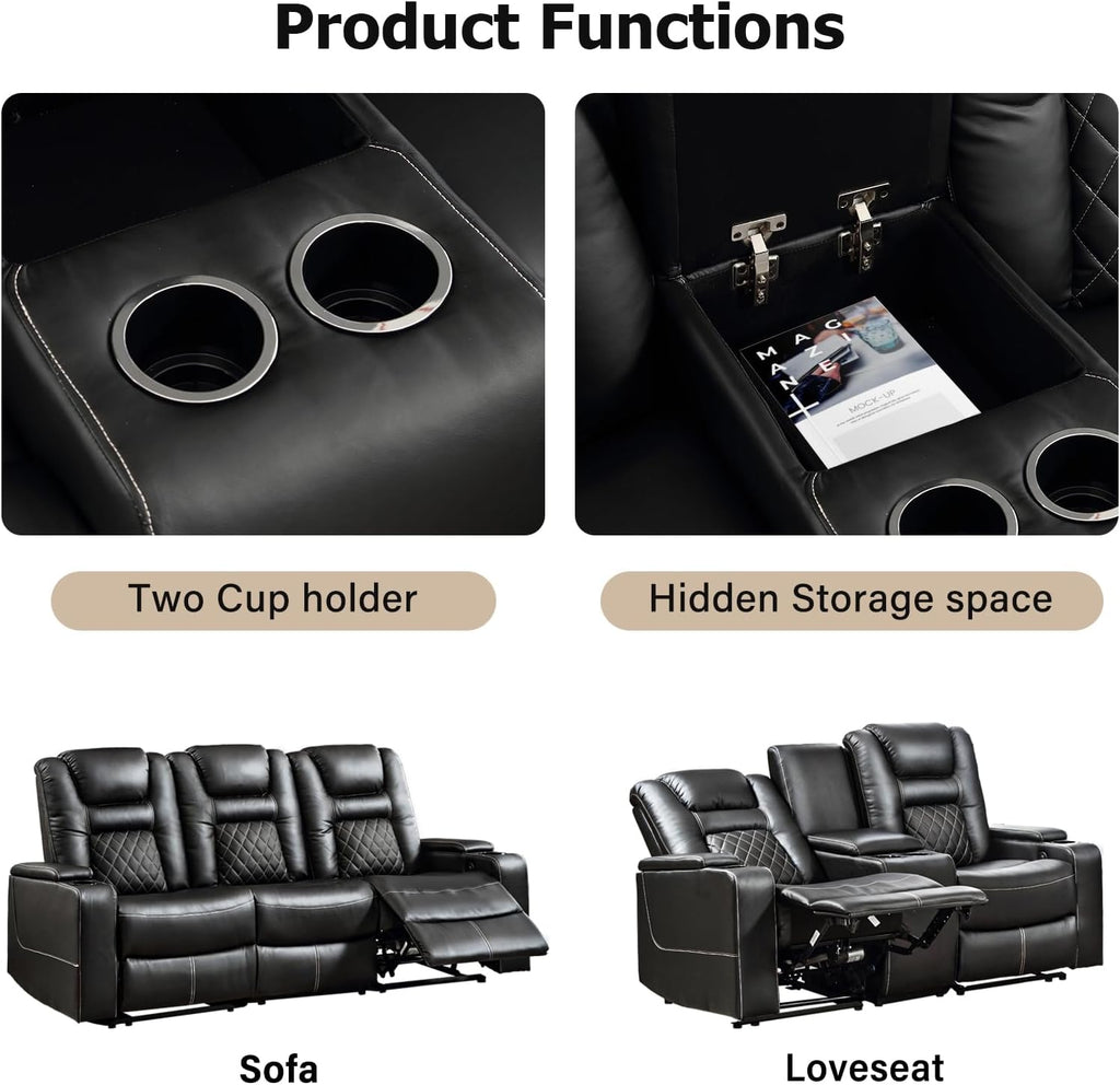 Home Theater Seating Seats, Theater Recliner Chair Sofa, PU Leather 3 seat Power Recliner Sofa with Cup Holders