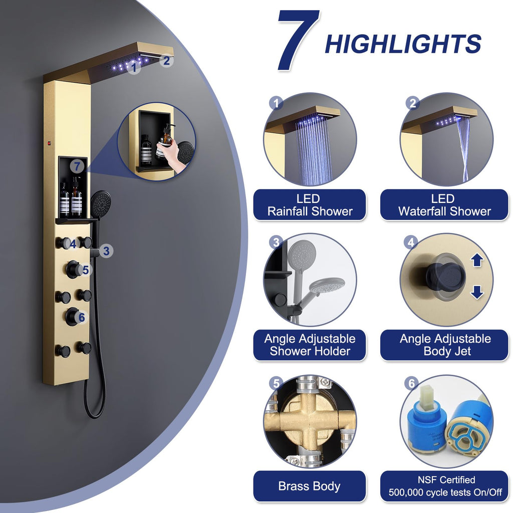 LED Shower Panel with Shelf and 6 Adjustable Body Jets, Gold