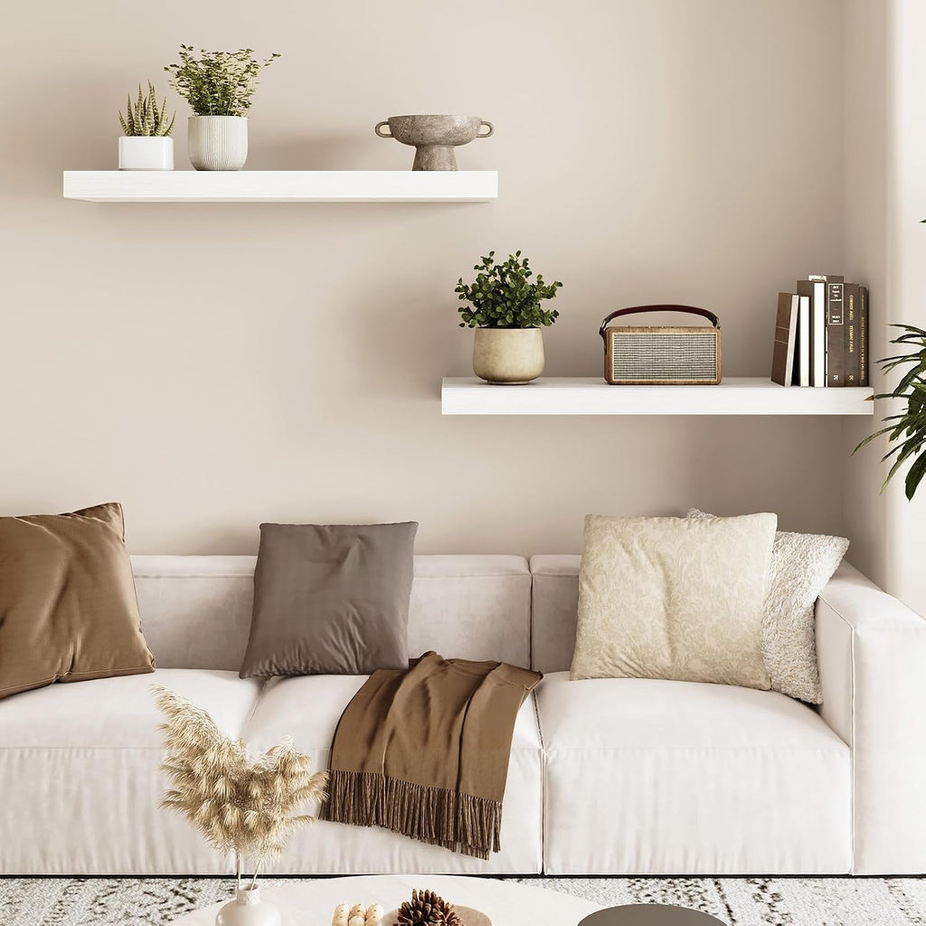 Floating Wall Shelves for Decor (White, Set of 2, 22Inch) | MDF Shelf with Metal Brackets, Space Saving for Books