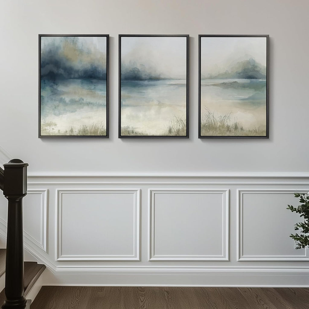 Large Framed Blue Nature Landscape Wall Art, 3 Piece 24x36 - Set of 3