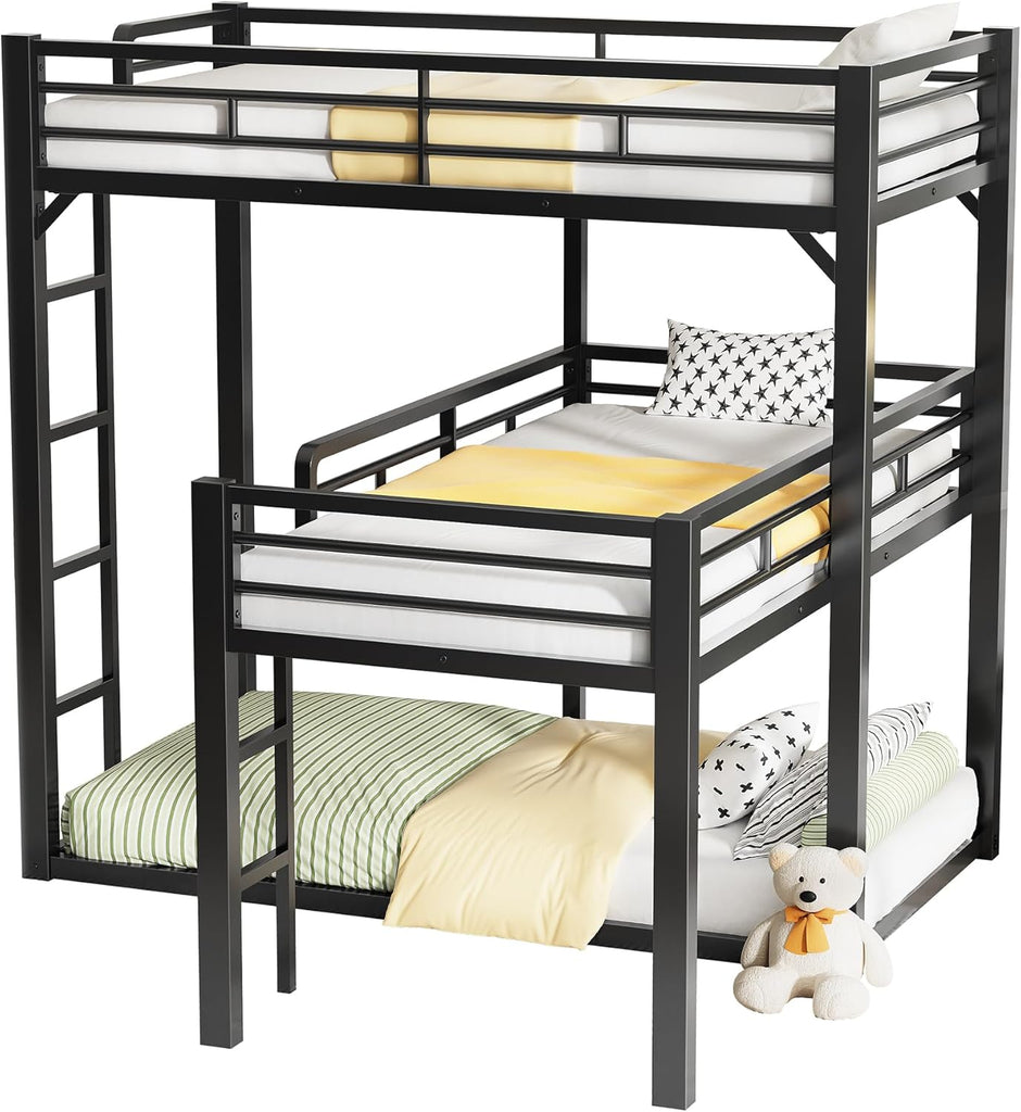 Heavy Duty L-Shaped Triple Bunk Bed for Kids Bedroom,Twin Over Twin Over Twin Metal Bunkbeds with Ladder & Safety
