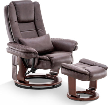 Modern Reclining Swivel Lounge Chair and Ottoman — Brown Faux Leather