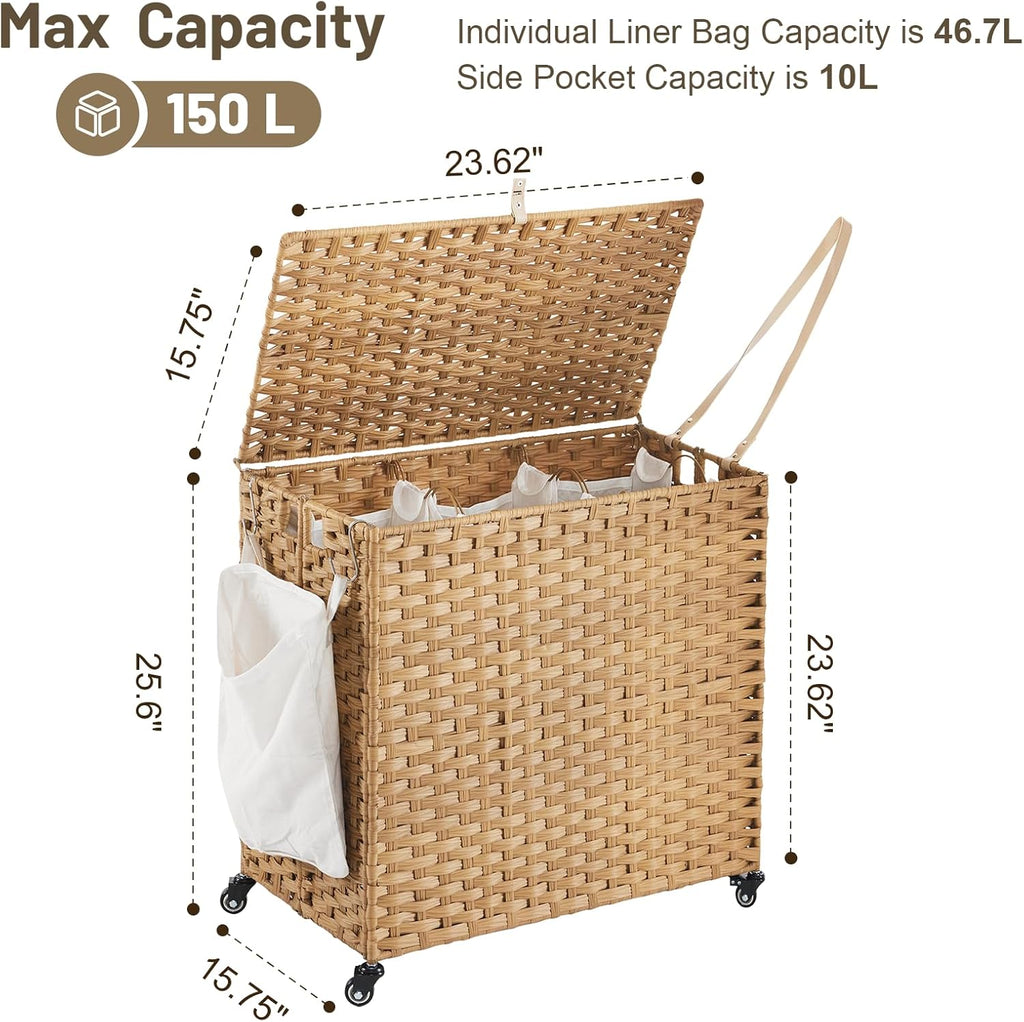 Laundry Hamper with Wheels, 39.6 Gallon(150L) Rolling Laundry Basket with Lid, 3-Section Rattan Clothes Hamper with 3