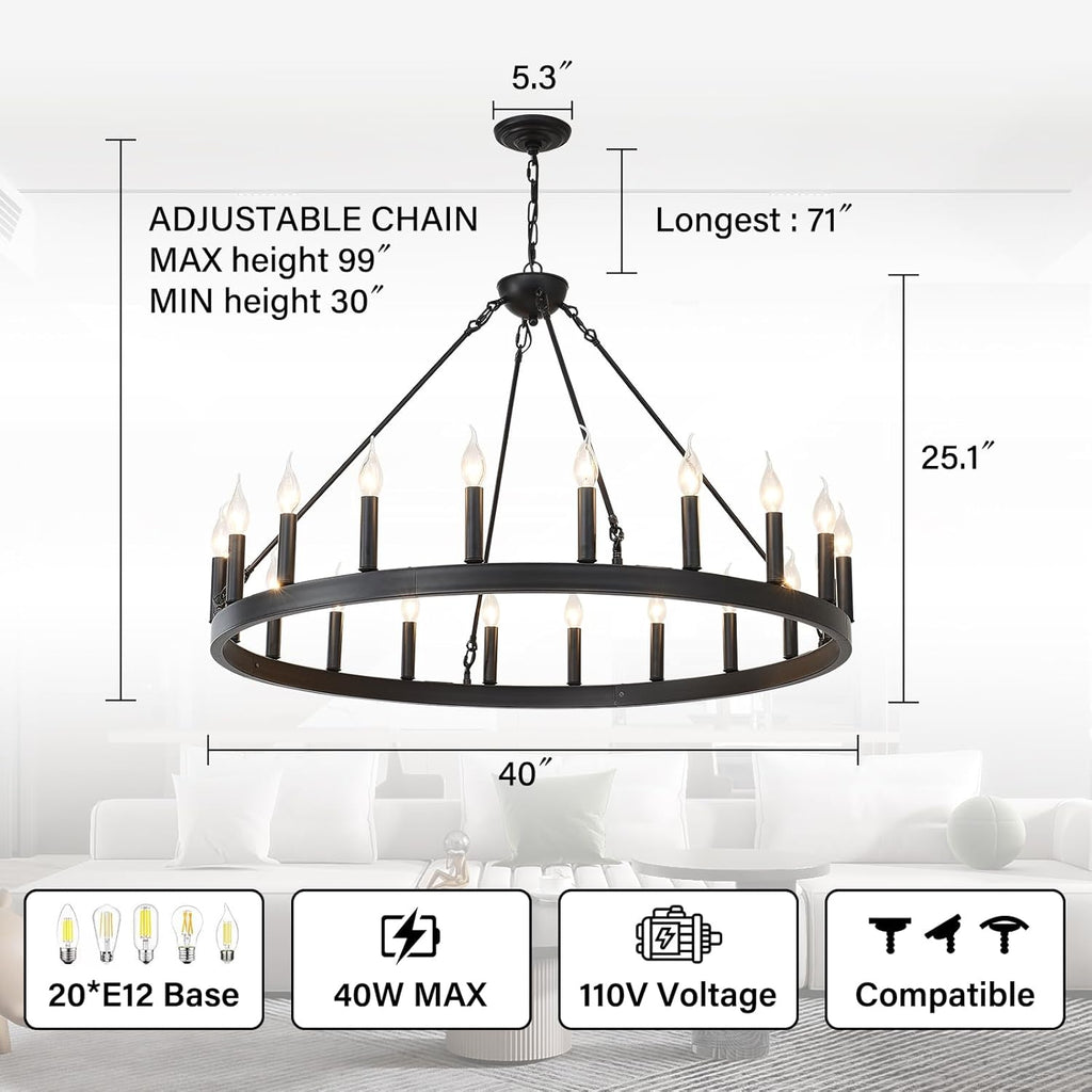 Inspired Camino Style Chandelier - Black Wagon Wheel Chandelier 40 inch,20-Light Farmhouse Wagon Wheel Chandeliers Round Industrial Ceiling Light fixtures for Outdoor Porch high Ceilings Living Dining Room Foyer Entryway