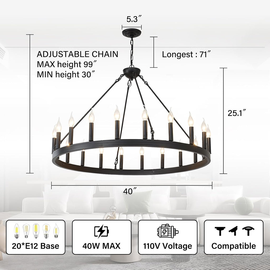 Black Wagon Wheel Chandelier 40 inch,20-Light Farmhouse Wagon Wheel Chandeliers Round Industrial Ceiling Light