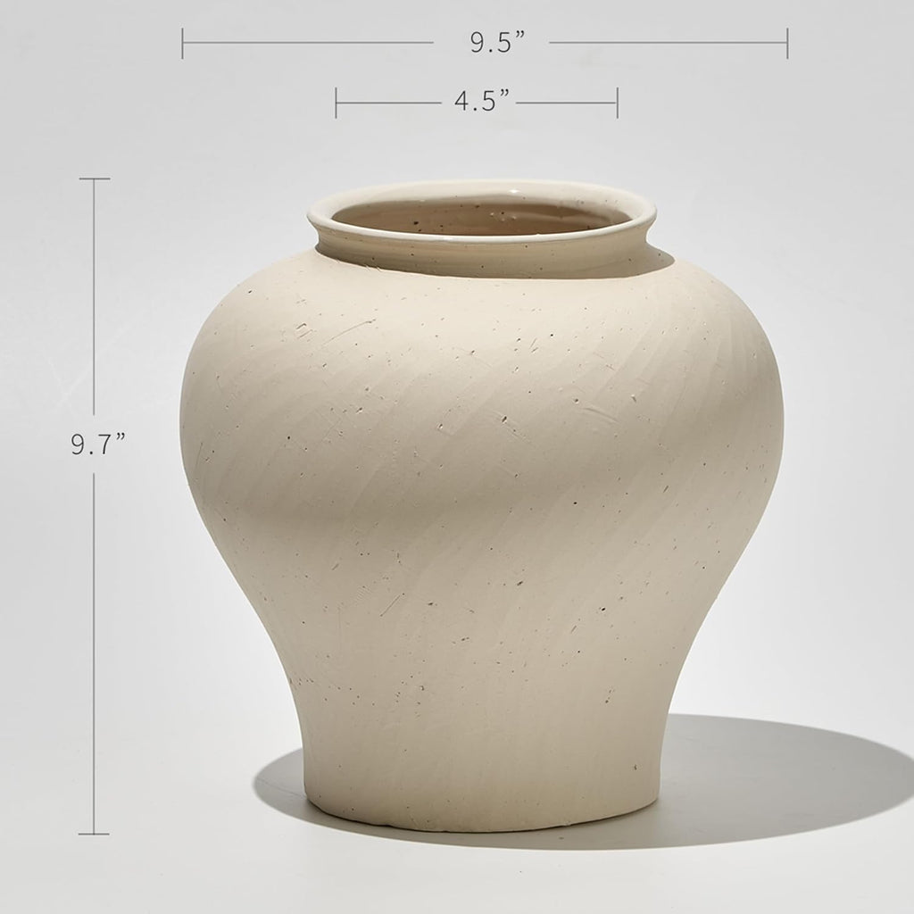 White Ceramic Rustic Vase, 9.7" Tall Zen Style Terra Cotta Pitcher, Distressed Farmhouse Decor, Pottery Decorative
