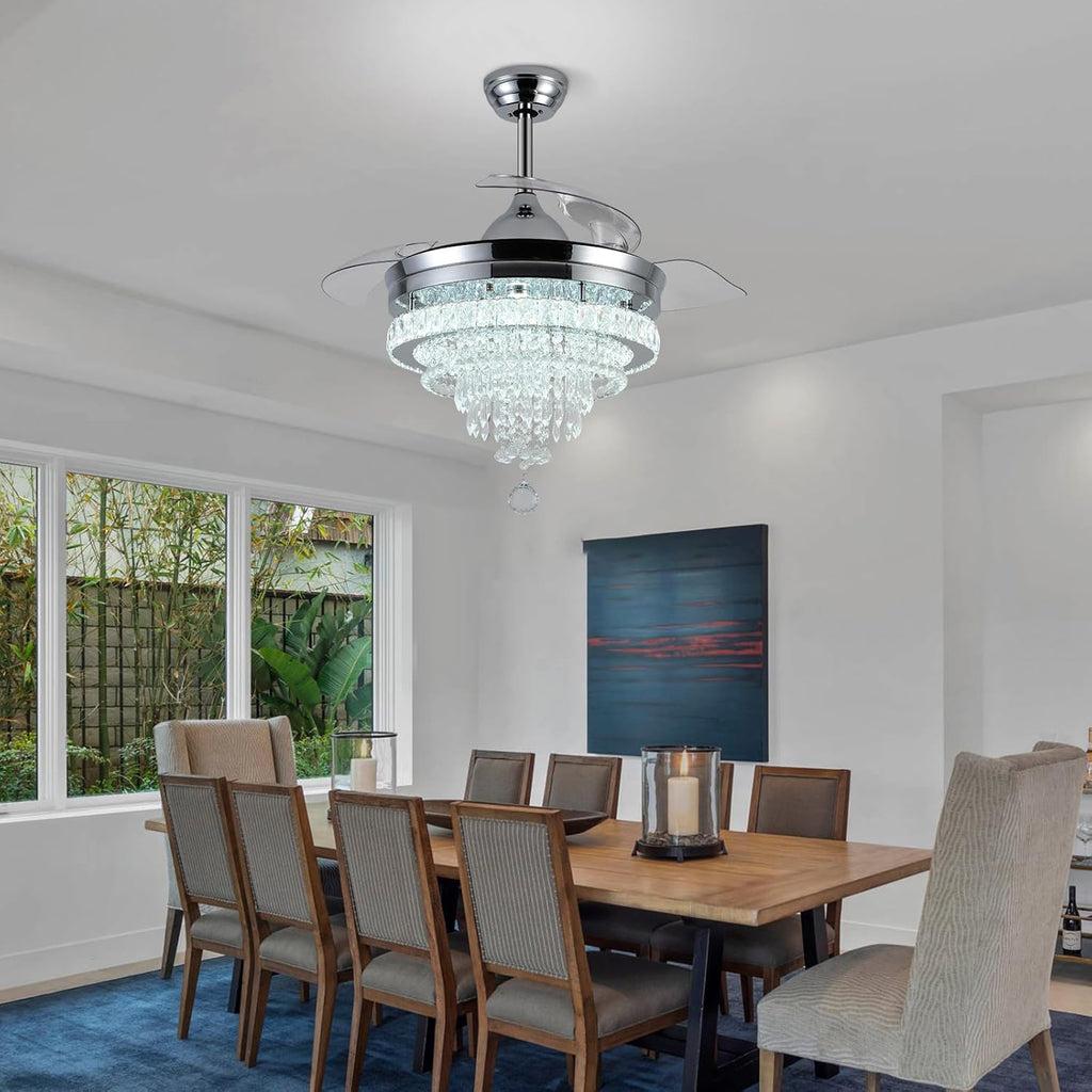 42" Modern Crystal Chandelier Ceiling Fan with Light & Remote,Dimmable LED Fandelier ,3 Color Temperatures,6 Speeds