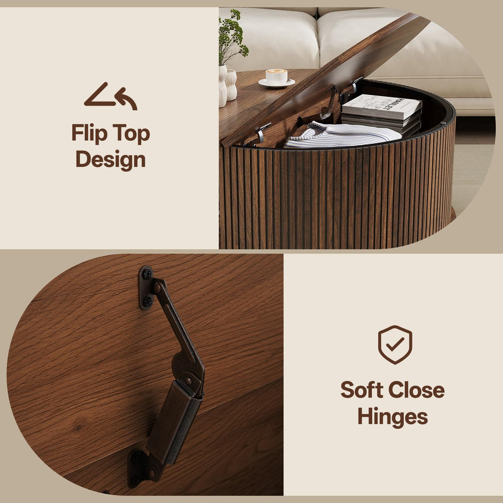 Round Coffee Table with Storage, 31.5", Walnut