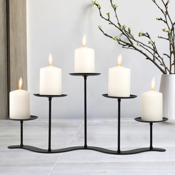 Black Iron Candelabra Candle Holder: Metal Centerpiece Decor - 5 Arm Candle Holder Stand for Pillar Candles