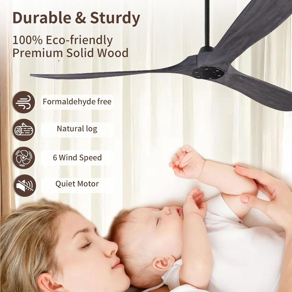 Inspired Maverick Style Brushed Grey 52 Inch Wood Ceiling Fan with Solid Wood Blades, Indoor/Outdoor 3-Blade Ceiling Fan with Remote Control, 6-Speed Quiet Reversible DC Motor,No Light Wooden Ceiling Fans for Bedroom,Patio