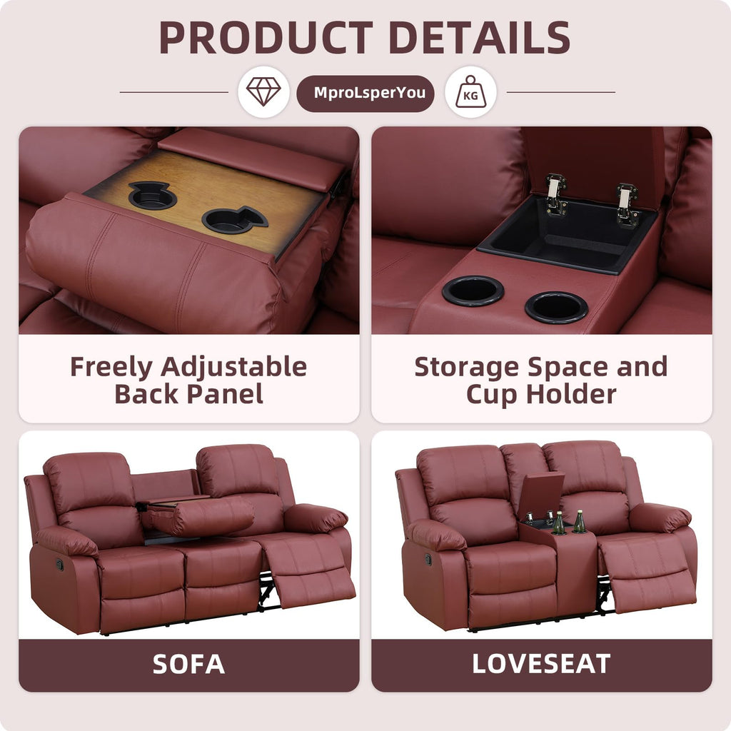 Manual Reclining Couch Sofa Set with Drop-Down Table, 3 Pieces Brown Leather Recliner Couch Sets, Living Room