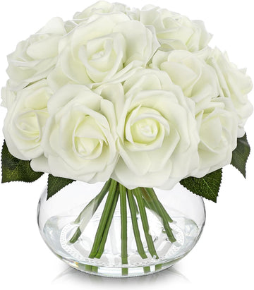 White Roses Artificial Flowers in Vase Silk Fake Rose Bouquet Flowers Floral Arrangements with Glass Vase with Faux