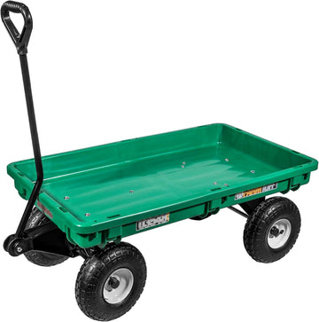 Durable Plastic Deck Green Garden Wagon, 38" x 20" - Heavy-Duty Poly Utility Cart with Pneumatic Tires, 300lb