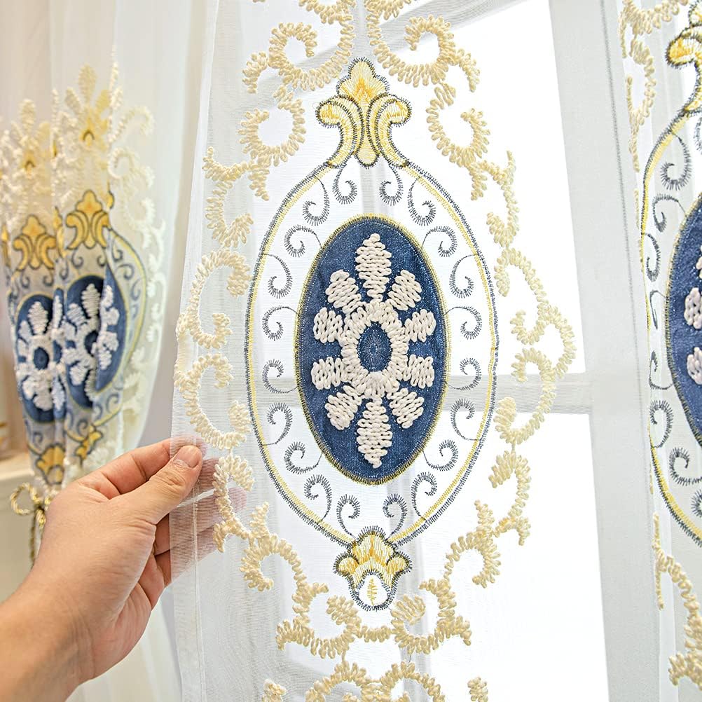 Beige Embroidered Sheer with Blue Pattern European Style Curtains for Bedroom Transparent Tulle,Grommet Top,52" W x