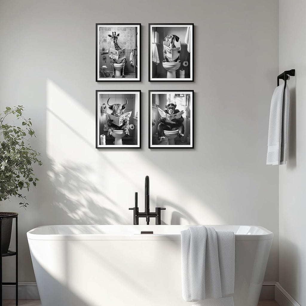 Framed Black and White Bathroom Wall Art Decor, 4 Piece Modern Animal Canvas Prints Painting Artwork, Dog Highland
