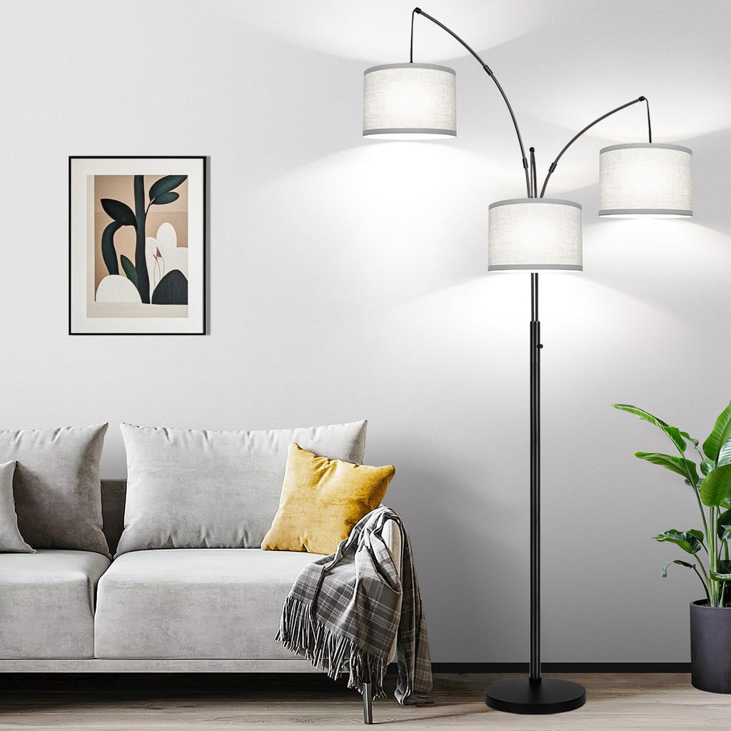 Dimmable Floor Lamp, 3 Lights Black Arc Floor Lamp, Modern Tall Standing Tree Lamp with Grey Linen Shades & Heavy Base