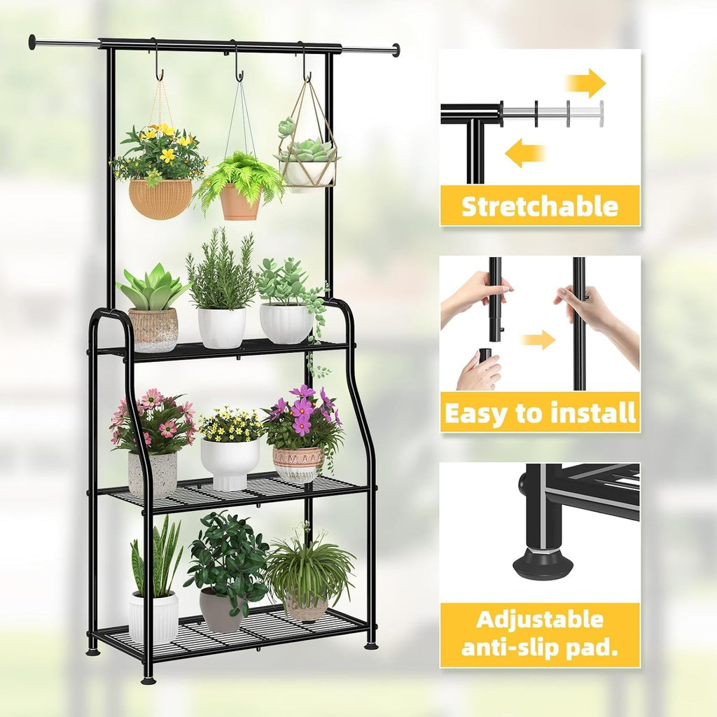 Plant Stand Indoor Outdoor, Heavy Duty Metal 3 Tiered Hanging Plant Shelf for Multiple Flower Planter Holder Tall