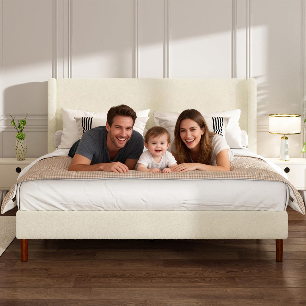 King Bed Frame, Boucle Upholstered Platform Bed with Iron & Wood, Beige