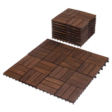 Interlocking Deck Tiles 12"x12"x0.94'' FSC Acacia Hardwood Dark Brown Patio Decor Flooring Tiles for Outdoor & Indoor
