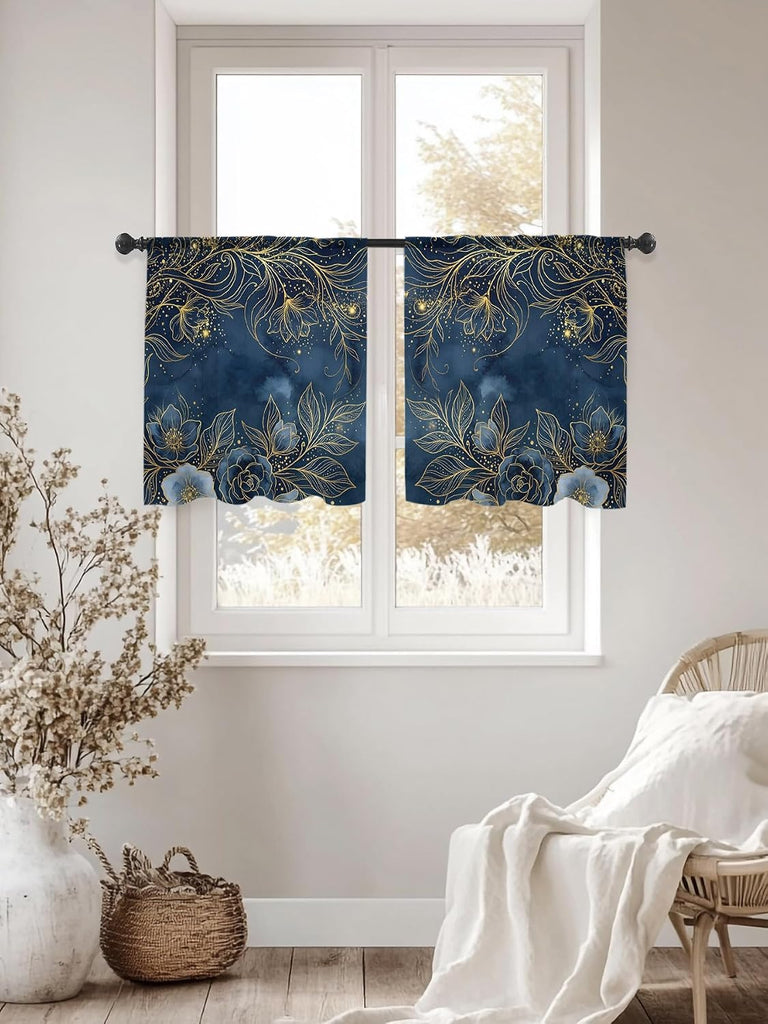 Luxury Floral Sheer Curtains Bedroom Blue Golden Lace Vintage Sheer Curtains 54 Inch Long 2 Panels Set Light