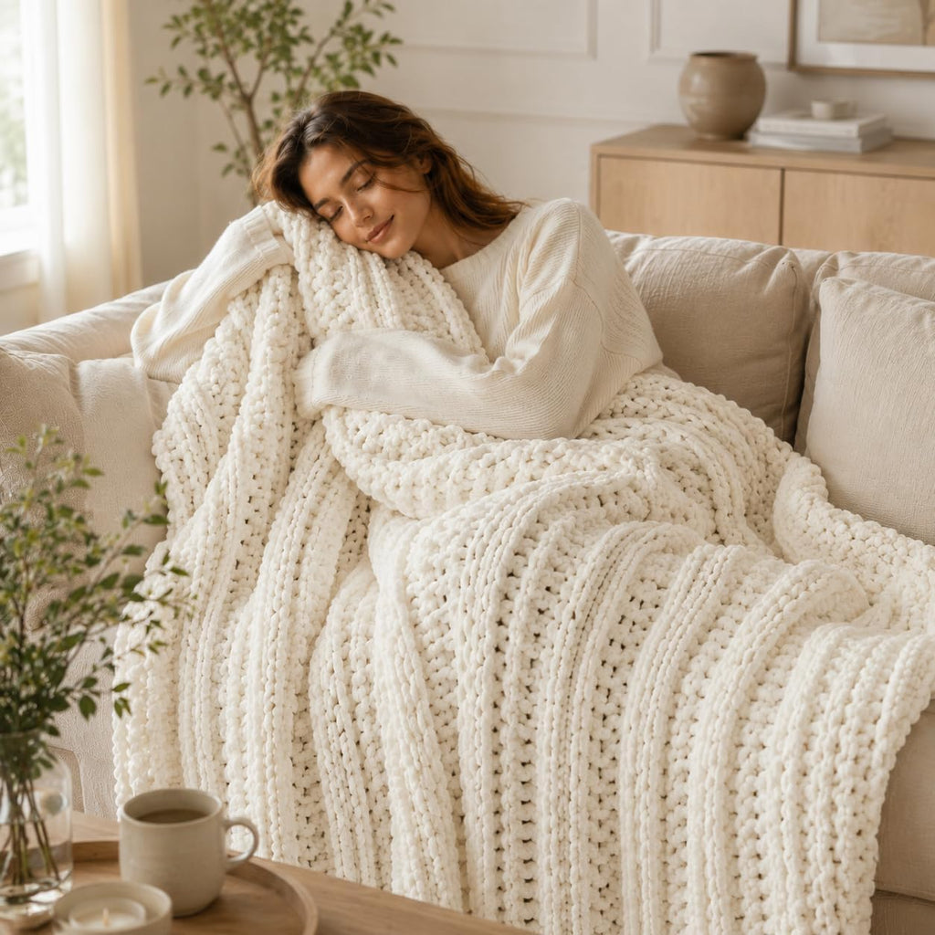 Chunky Knit Throw Blanket, Hand Made Chenille Throw Blanket, Super Soft Warm Cozy Cream White Blanket, 50"x60"