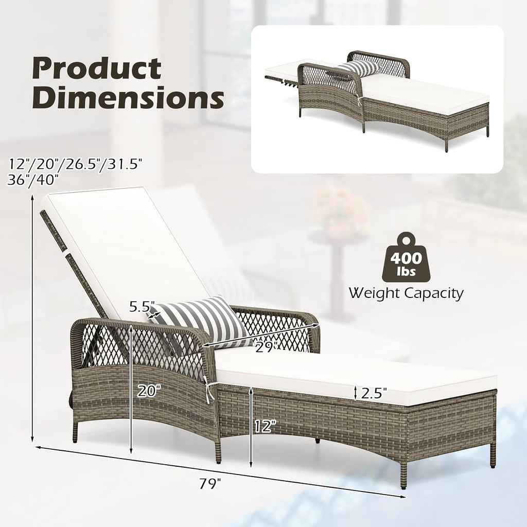 Wicker Chaise Lounge Chair, Patio Rattan Recliner with 6-Position Adjustable Backrest, Soft Cushions