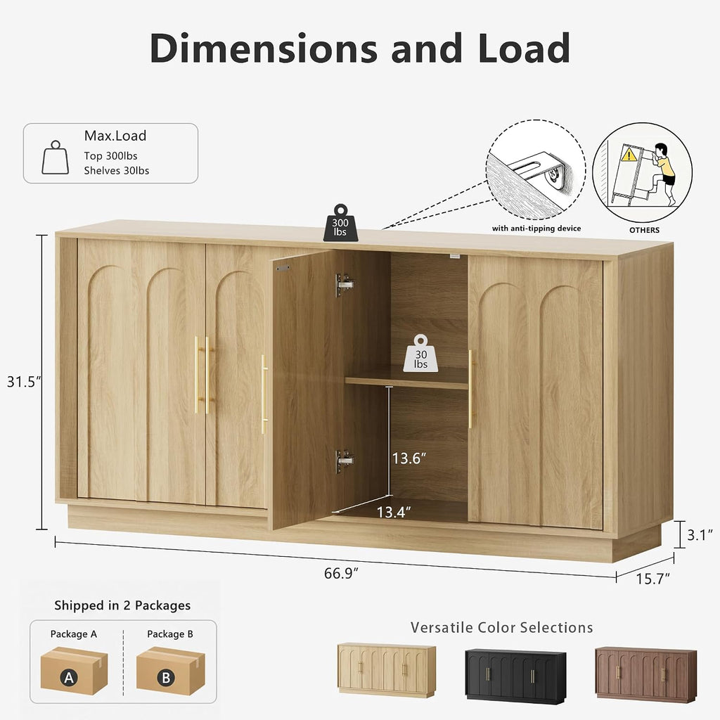 67" Sideboard Buffet Cabinet with Storage, Arched Doors, Oak | Modern Minimalist Accent Cabinet with Wood Gain, Boho