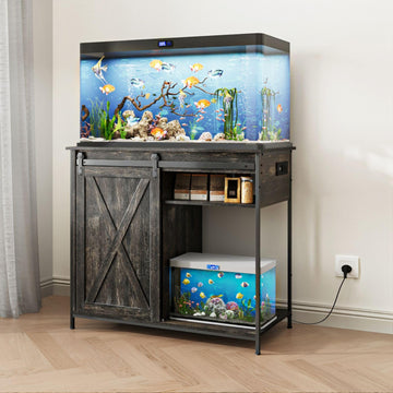 40-50 Gallon Fish Tank Stand with Sliding Barn Door & Power Outlets