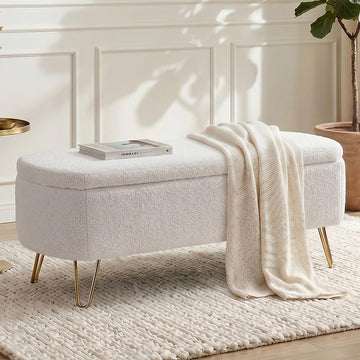 Modern Storage Ottoman Bench, Teddy Upholstered Entryway Bench with Gold Legs, Vintage End of Bed Bench with Safety