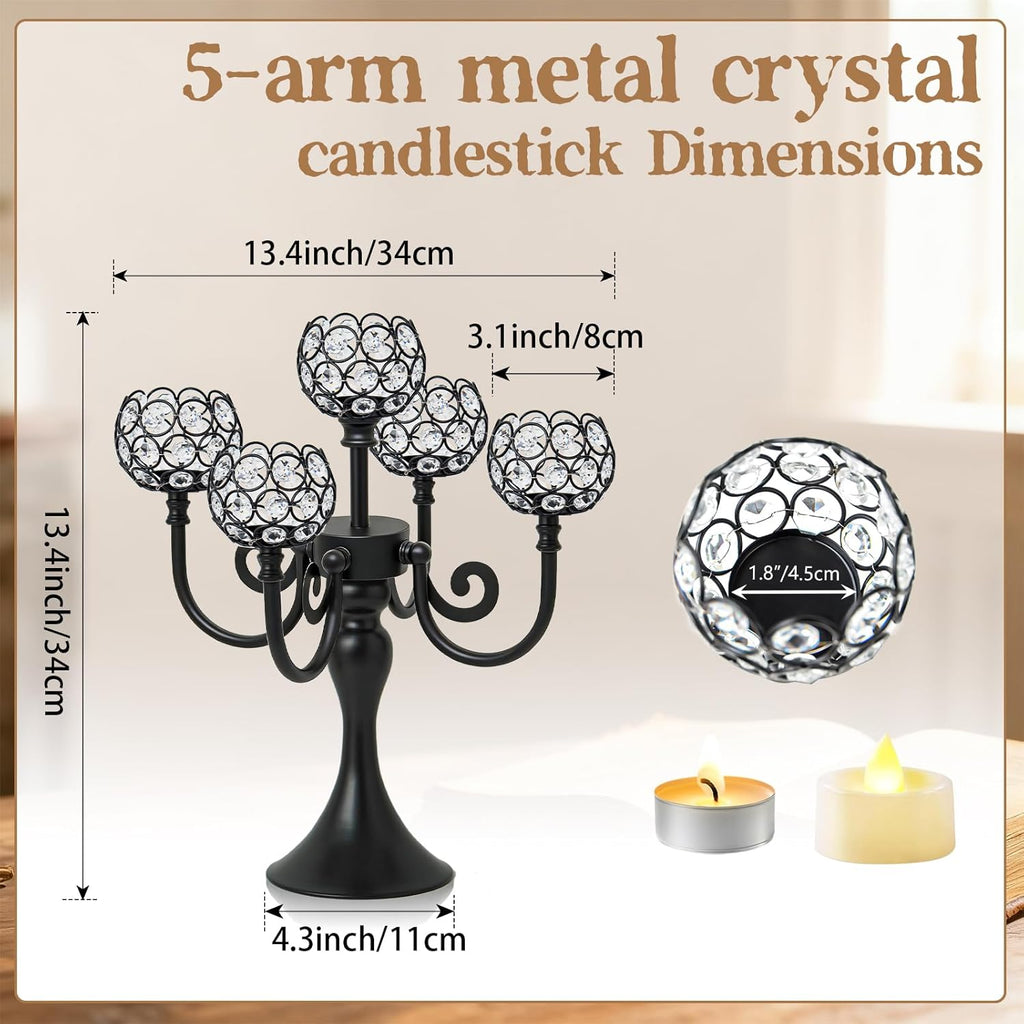 5 Arm Metal Crystal Candelabra Centerpiece - 13.4 Inch Elegant Candle Holder with Crystal Beadsable Decoration (2