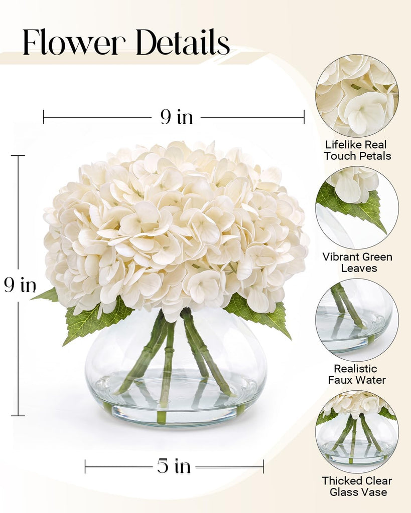 Hydrangea Artificial Flowers with Vase, Real Touch Latex Fake Hydrangeas with Faux Water and Leaves, Realistic Faux